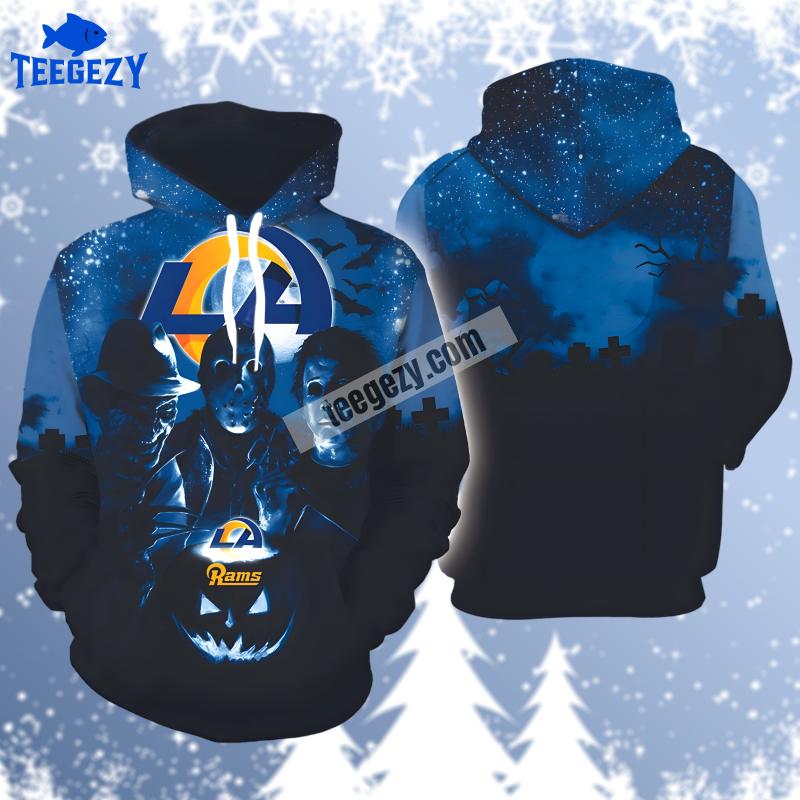 Los Angeles Rams Michael Myers Jason Voorhees Halloween Pullover 3D Hoodie Los Angeles Rams Michael Myers Jason Voorhees Halloween Pullover 3D Hoodie