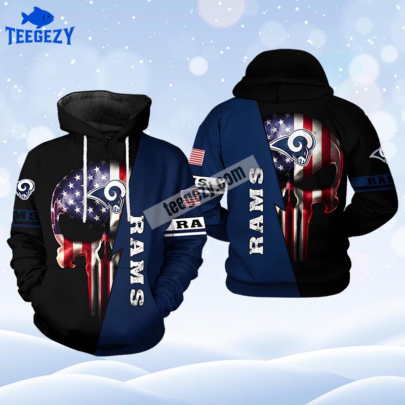 Los Angeles Rams Us Flag Skull Blue Black 3D Hoodie Los Angeles Rams Us Flag Skull Blue Black 3D Hoodie