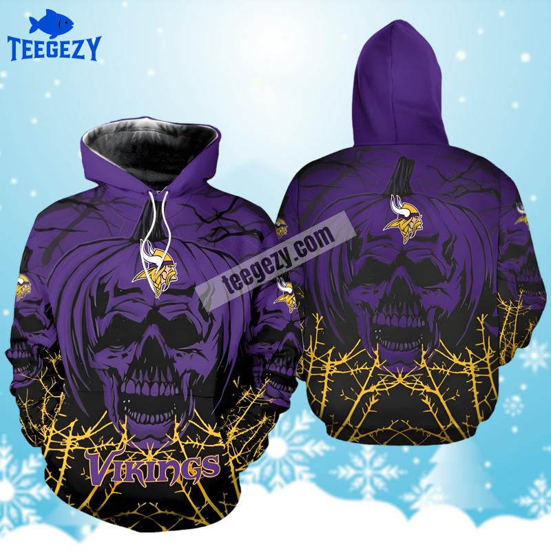 Minnesota Vikings Halloween Pumpkin Skull Purple Black Mens 3D Hoodie Minnesota Vikings Halloween Pumpkin Skull Purple Black Mens 3D Hoodie