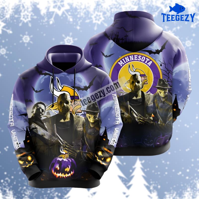 Minnesota Vikings Michael Myers Freddy Krueger Blue Graphic 3D Hoodie Minnesota Vikings Michael Myers Freddy Krueger Blue Graphic 3D Hoodie