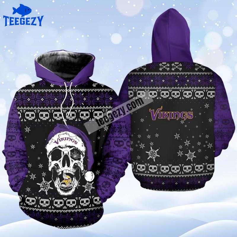 Minnesota Vikings Santa Skull Purple Black Printed 3D Hoodie Minnesota Vikings Santa Skull Purple Black Printed 3D Hoodie