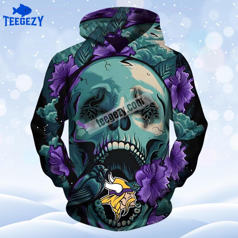 Minnesota Vikings Skull Flower Black Pullover 3D Hoodie Minnesota Vikings Skull Flower Black Pullover 3D Hoodie