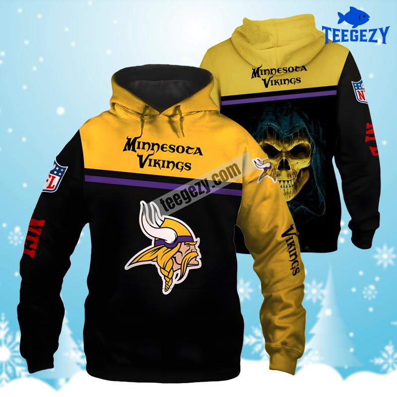 Minnesota Vikings Skull Yellow Black Pullover Youth 3D Hoodie Minnesota Vikings Skull Yellow Black Pullover Youth 3D Hoodie