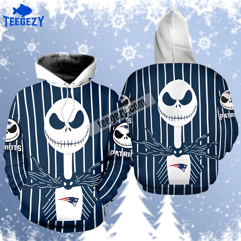 New England Patriots Jack Skellington Halloween Pullover 3D Hoodie Blue White