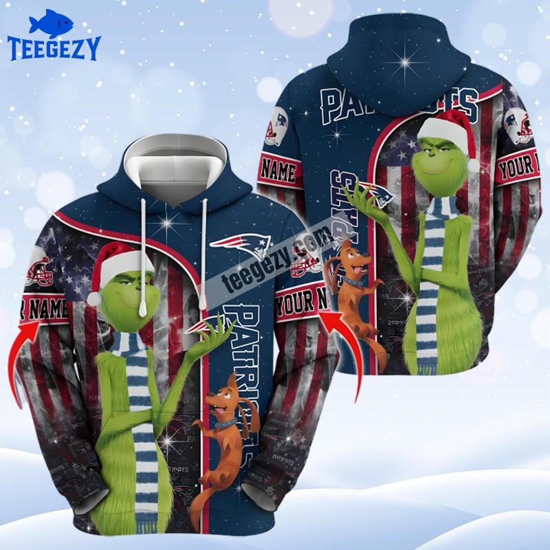 New England Patriots Santa Grinch Christmas Blue Personalized Design 3D Hoodie New England Patriots Santa Grinch Christmas Blue Personalized Design 3D Hoodie