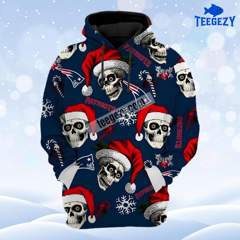 New England Patriots Santa Skull Christmas Blue Zip Up 3D Hoodie New England Patriots Santa Skull Christmas Blue Zip Up 3D Hoodie