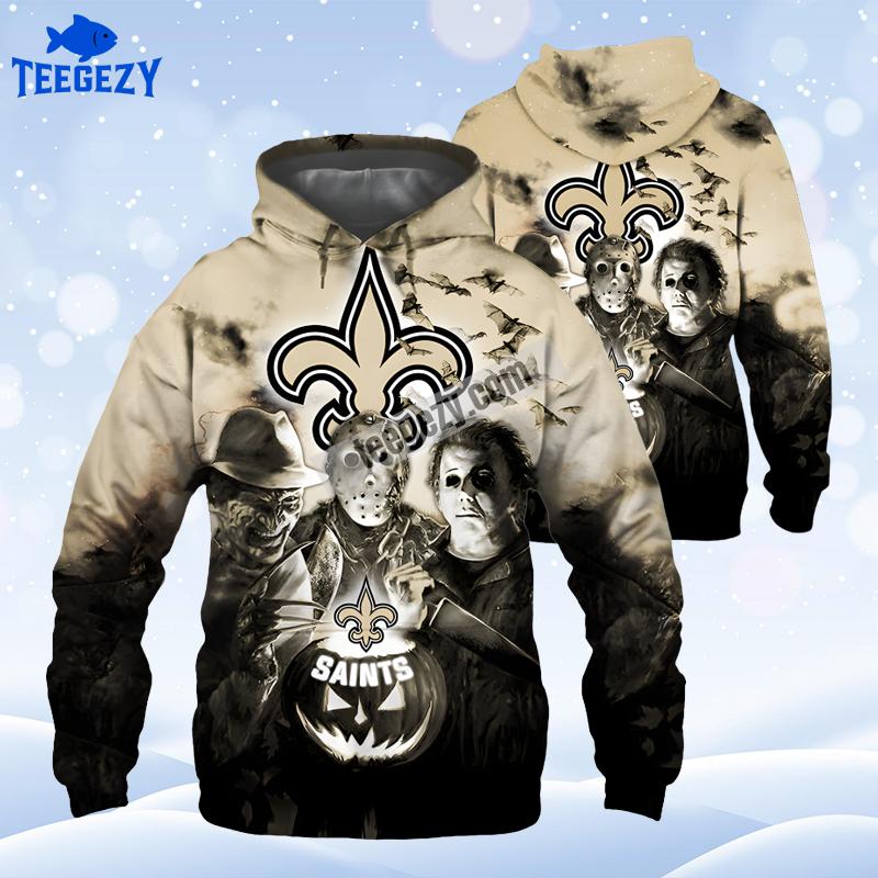 New Orleans Saints Michael Myers Freddy Krueger Black Yellow For Sale 3D Hoodie New Orleans Saints Michael Myers Freddy Krueger Black Yellow For Sale 3D Hoodie