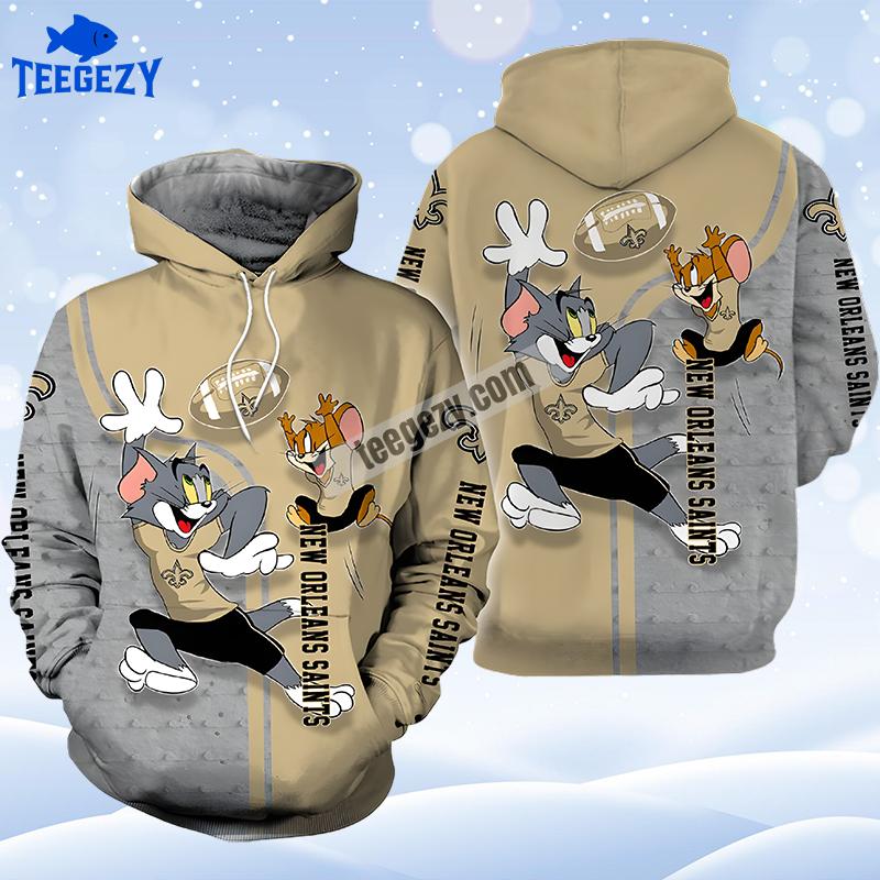 New Orleans Saints Tom And Jerry Grey Yellow 3D Hoodie New Orleans Saints Tom And Jerry Grey Yellow 3D Hoodie