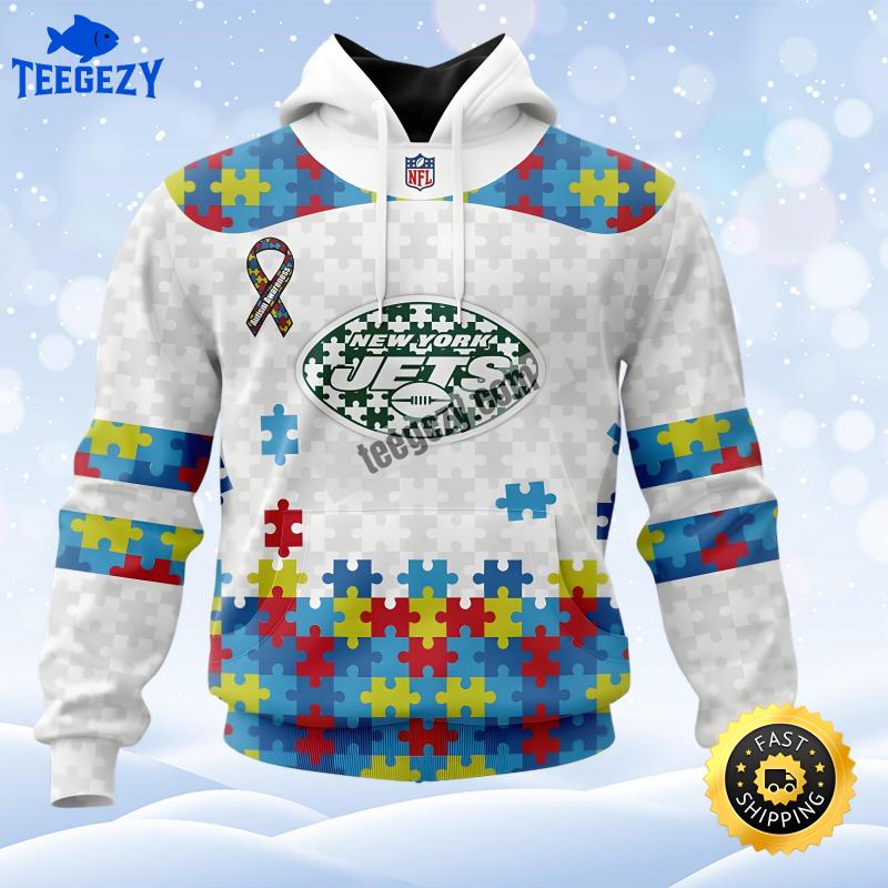 New York Jets Autism Awareness Blue White Cool 3D Hoodie New York Jets Autism Awareness Blue White Cool 3D Hoodie
