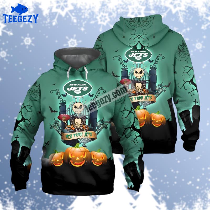 New York Jets Jack Skellington Pumpkin Halloween Black Green 3D Hoodie New York Jets Jack Skellington Pumpkin Halloween Black Green 3D Hoodie