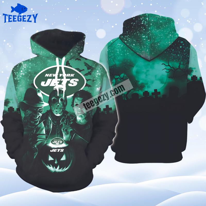 New York Jets Michael Myers Jason Voorhees Halloween Green Black Jacket 3D Hoodie New York Jets Michael Myers Jason Voorhees Halloween Green Black Jacket 3D Hoodie
