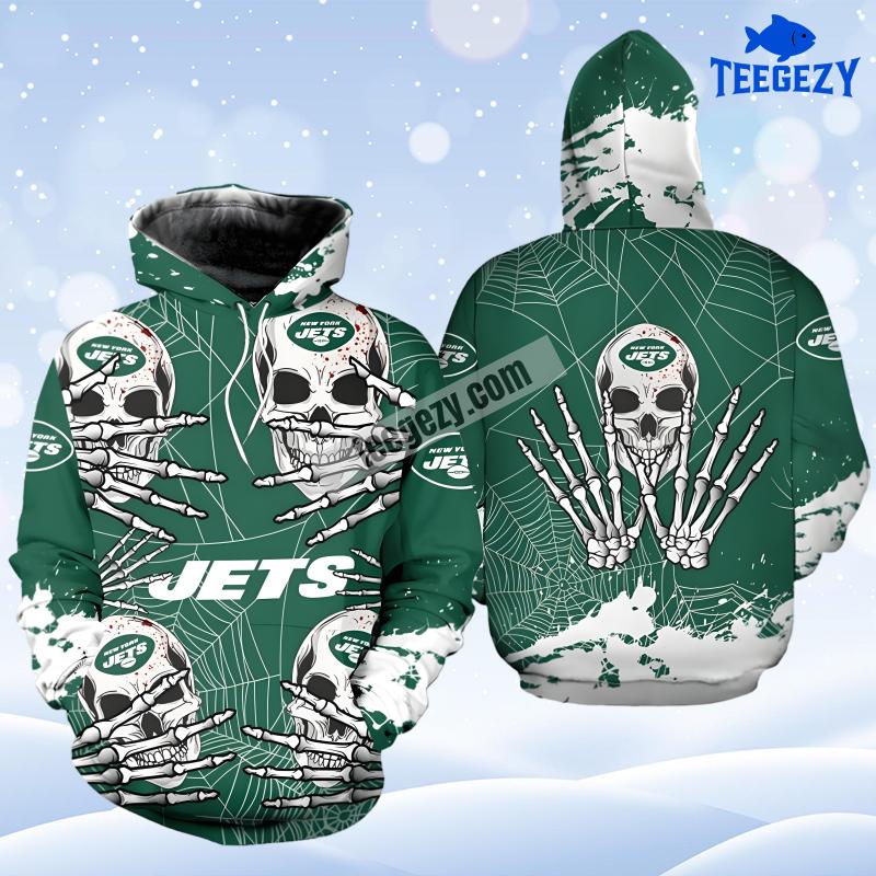 New York Jets Skull Halloween White Green Pullover 3D Hoodie New York Jets Skull Halloween White Green Pullover 3D Hoodie