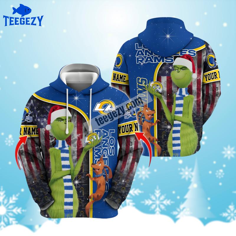 Personalized Los Angeles Rams Santa Grinch Blue Pattern 3D Hoodie Personalized Los Angeles Rams Santa Grinch Blue Pattern 3D Hoodie
