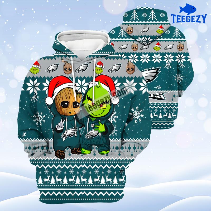 Philadelphia Eagles Baby Groot Grinch Blue White Cool 3D Hoodie Philadelphia Eagles Baby Groot Grinch Blue White Cool 3D Hoodie
