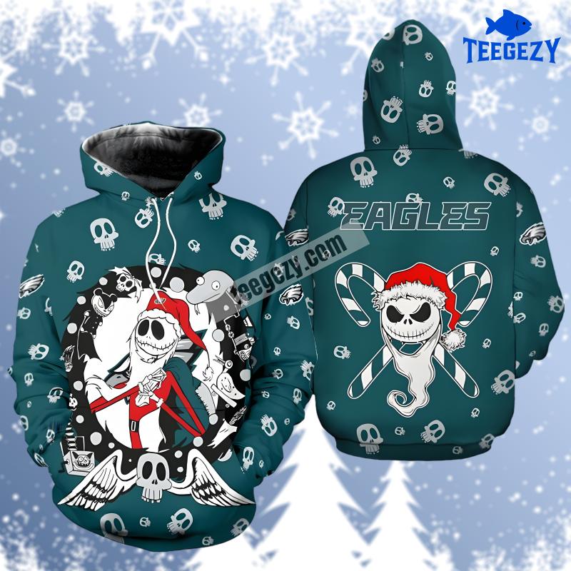 Philadelphia Eagles Christmas Jack Skellington White Blue Mens 3D Hoodie Philadelphia Eagles Christmas Jack Skellington White Blue Mens 3D Hoodie