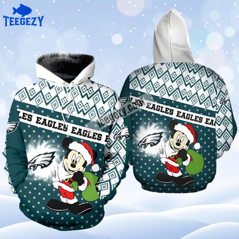 Philadelphia Eagles Christmas Santa Mickey Mouse White Blue Graphic 3D Hoodie Philadelphia Eagles Christmas Santa Mickey Mouse White Blue Graphic 3D Hoodie