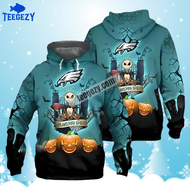 Philadelphia Eagles Jack Skellington Pumpkin Halloween Blue Black Pullover 3D Hoodie Philadelphia Eagles Jack Skellington Pumpkin Halloween Blue Black Pullover 3D Hoodie