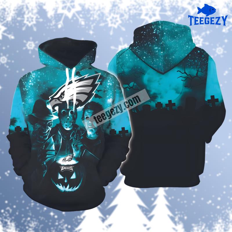 Philadelphia Eagles Jason Voorhees Freddy Krueger Black Blue Print 3D Hoodie Philadelphia Eagles Jason Voorhees Freddy Krueger Black Blue Print 3D Hoodie