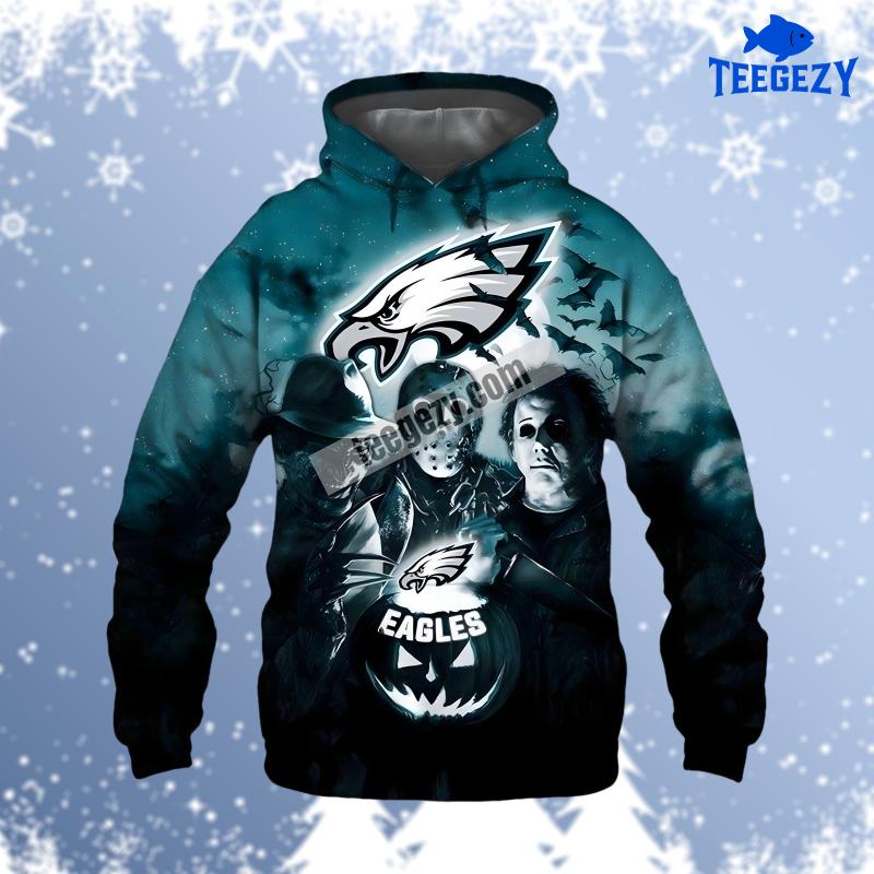 Philadelphia Eagles Michael Myers Jason Voorhees Blue Black Graphic 3D Hoodie Philadelphia Eagles Michael Myers Jason Voorhees Blue Black Graphic 3D Hoodie