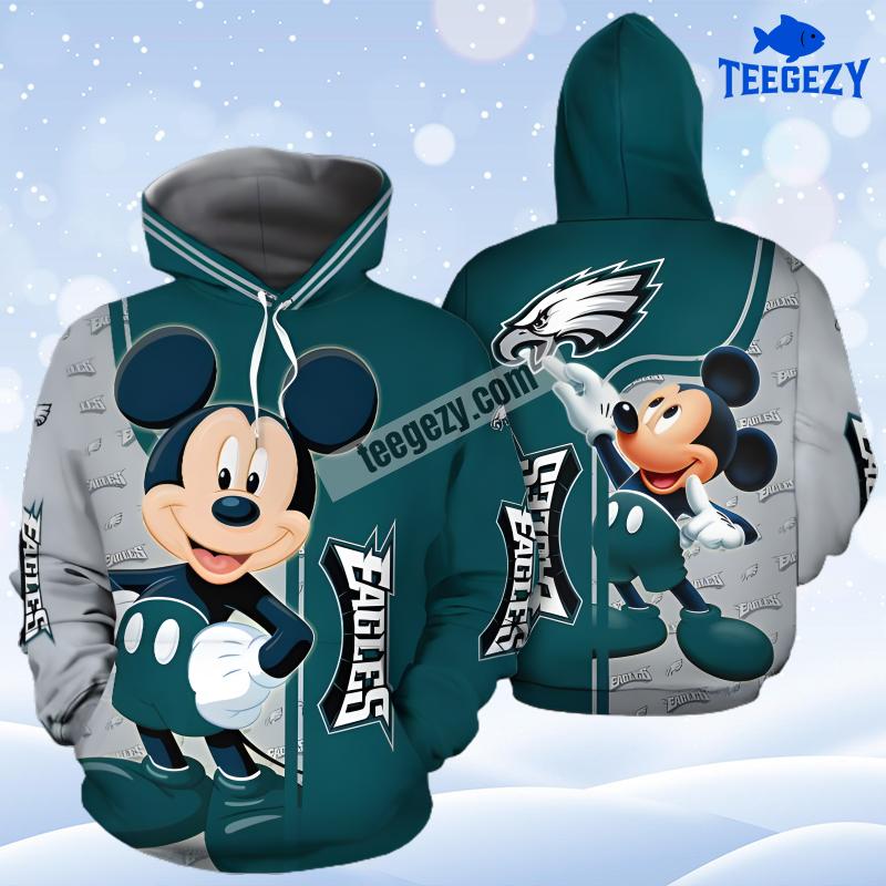 Philadelphia Eagles Mickey Mouse Blue Grey Zip Up 3D Hoodie Philadelphia Eagles Mickey Mouse Blue Grey Zip Up 3D Hoodie