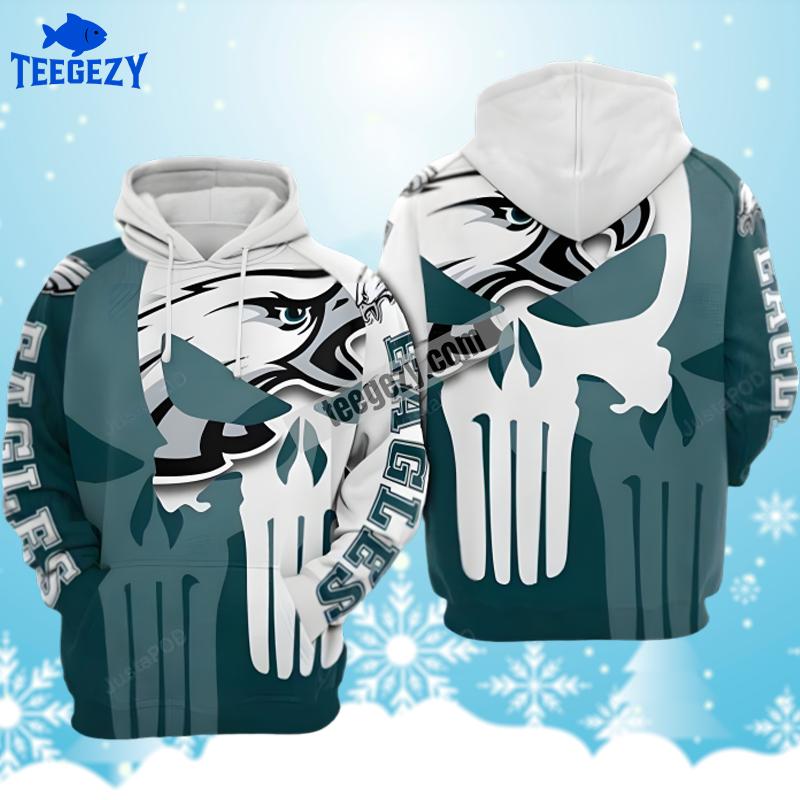 Philadelphia Eagles Punisher Skull White Blue Pullover 3D Hoodie Philadelphia Eagles Punisher Skull White Blue Pullover 3D Hoodie