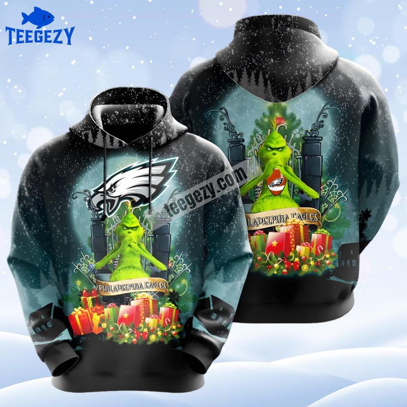 Philadelphia Eagles Santa Grinch Christmas Blue Pullover 3D Hoodie Philadelphia Eagles Santa Grinch Christmas Blue Pullover 3D Hoodie