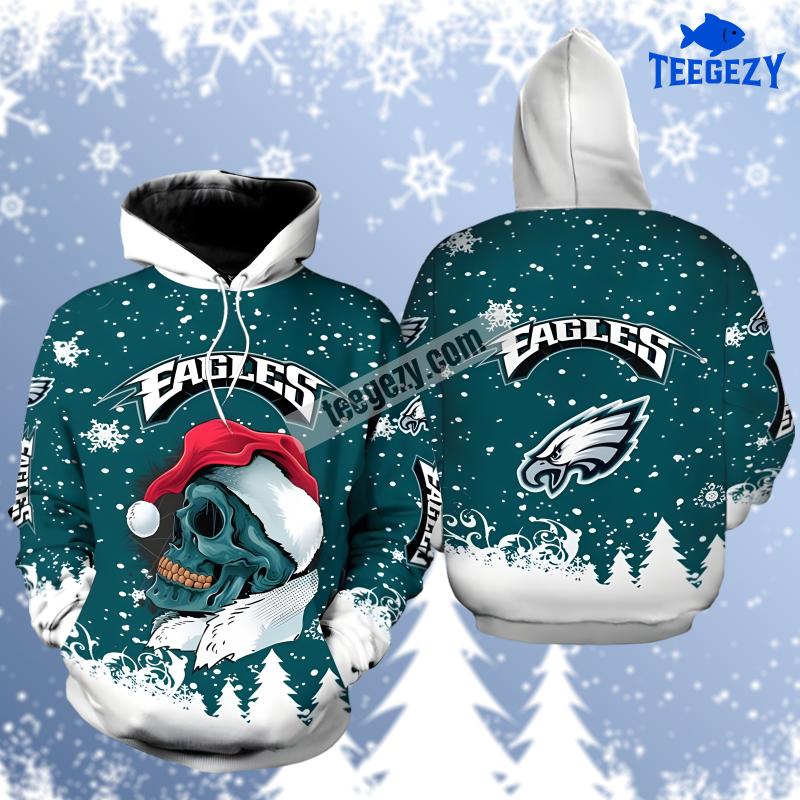 Philadelphia Eagles Santa Skull White Blue Fashion 3D Hoodie Philadelphia Eagles Santa Skull White Blue Fashion 3D Hoodie