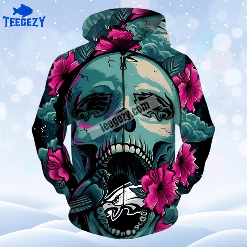 Philadelphia Eagles Skull Flower Art 3D Hoodie Black Blue