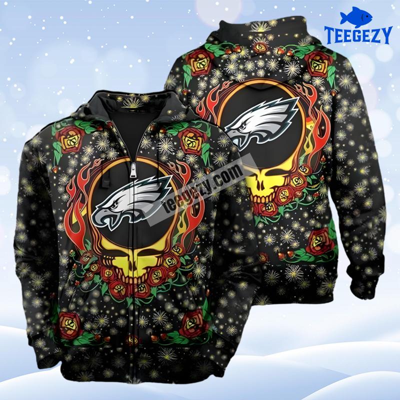 Philadelphia Eagles Skull Flower Zipper 3D Hoodie Black