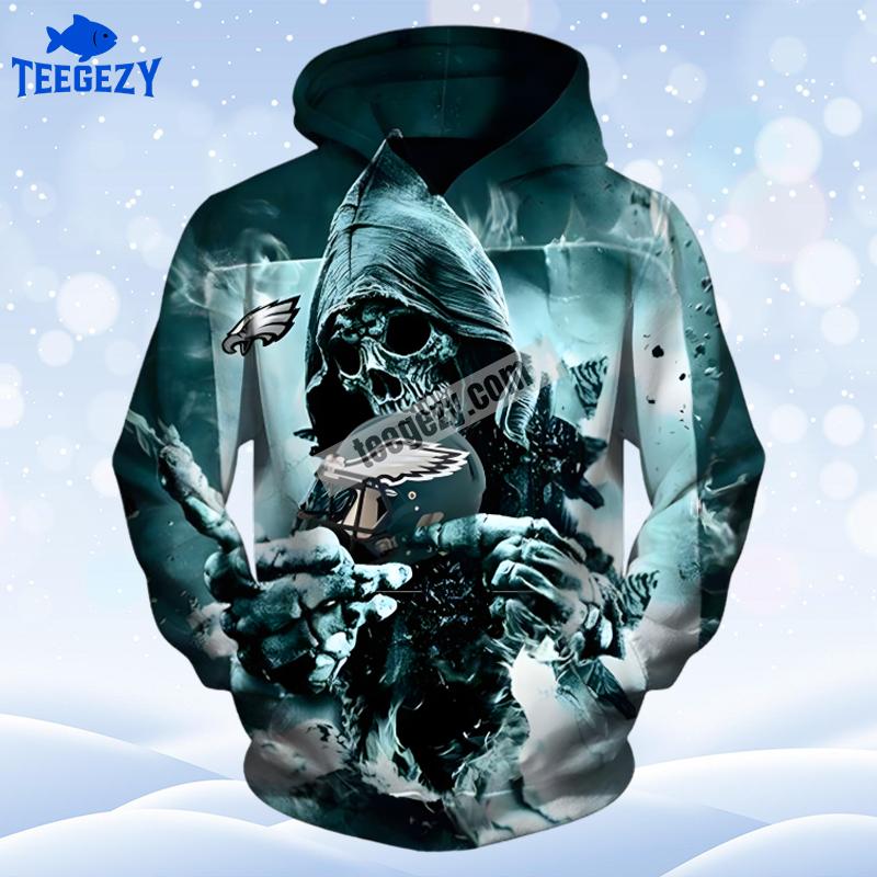 Philadelphia Eagles Skull Halloween Black Blue Zip Up 3D Hoodie Philadelphia Eagles Skull Halloween Black Blue Zip Up 3D Hoodie