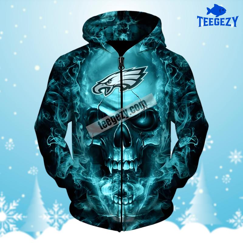 Philadelphia Eagles Skull In Smoke Green Black Fashion 3D Hoodie Philadelphia Eagles Skull In Smoke Green Black Fashion 3D Hoodie