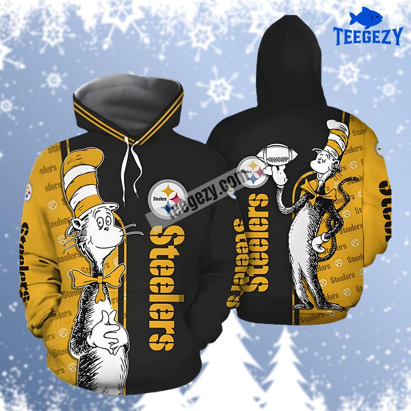 Pittsburgh Steelers Cat In The Hat Yellow Black 3D Hoodie Pittsburgh Steelers Cat In The Hat Yellow Black 3D Hoodie