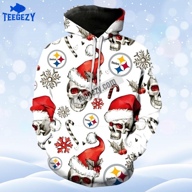 Pittsburgh Steelers Christmas Skull White Red Zip Up 3D Hoodie Pittsburgh Steelers Christmas Skull White Red Zip Up 3D Hoodie