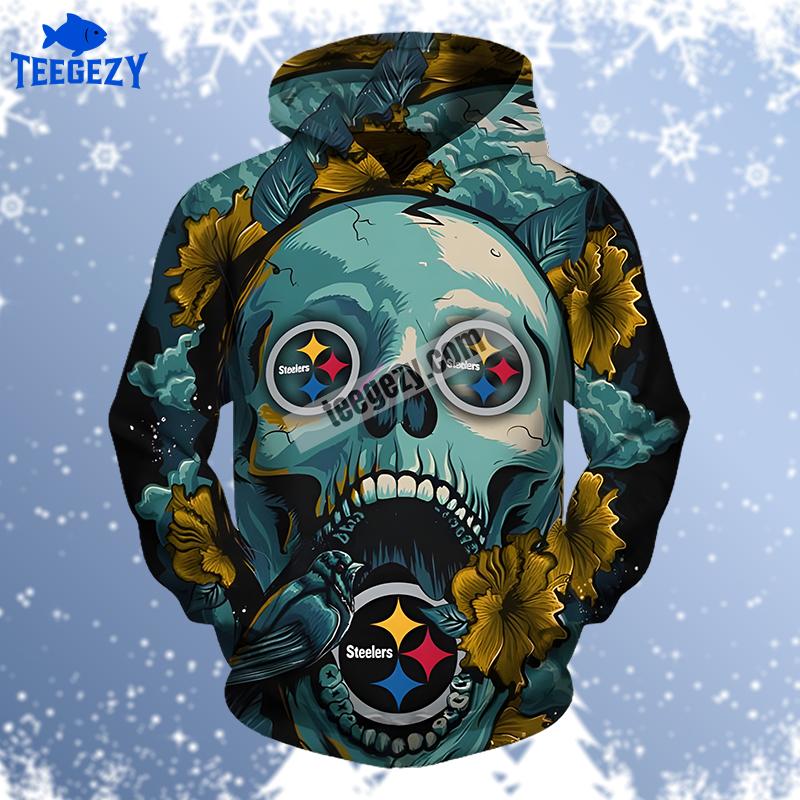 Pittsburgh Steelers Skull Flower Black Blue Dad Mom 3D Hoodie Pittsburgh Steelers Skull Flower Black Blue Dad Mom 3D Hoodie