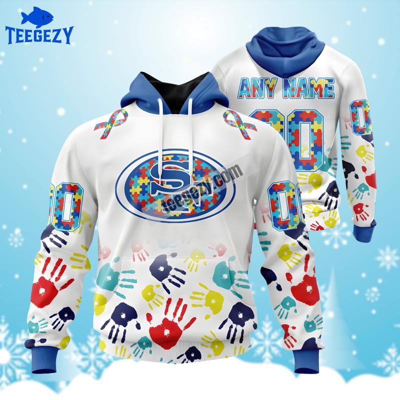 San Francisco 49Ers Autism Awareness White Blue Zip Up Personalized 3D Hoodie San Francisco 49Ers Autism Awareness White Blue Zip Up Personalized 3D Hoodie
