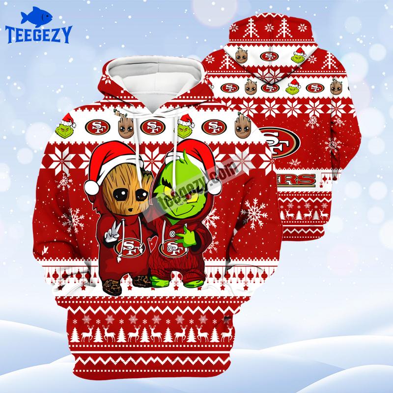 San Francisco 49Ers Baby Groot Grinch White Red Pattern 3D Hoodie San Francisco 49Ers Baby Groot Grinch White Red Pattern 3D Hoodie