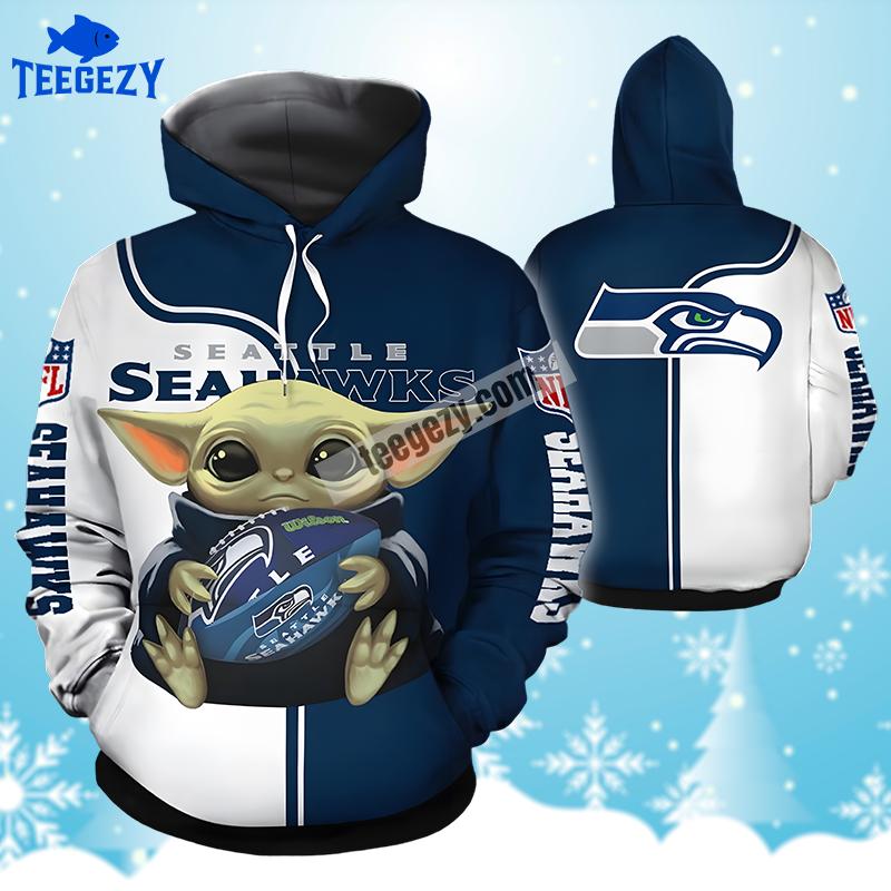 Seattle Seahawks Baby Yoda Blue White Novelty 3D Hoodie Seattle Seahawks Baby Yoda Blue White Novelty 3D Hoodie