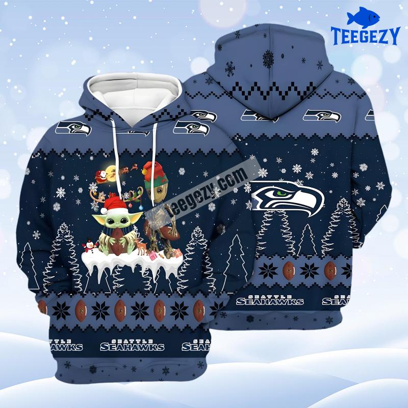 Seattle Seahawks Baby Yoda Groot Christmas Blue Ugly Art 3D Hoodie Seattle Seahawks Baby Yoda Groot Christmas Blue Ugly Art 3D Hoodie