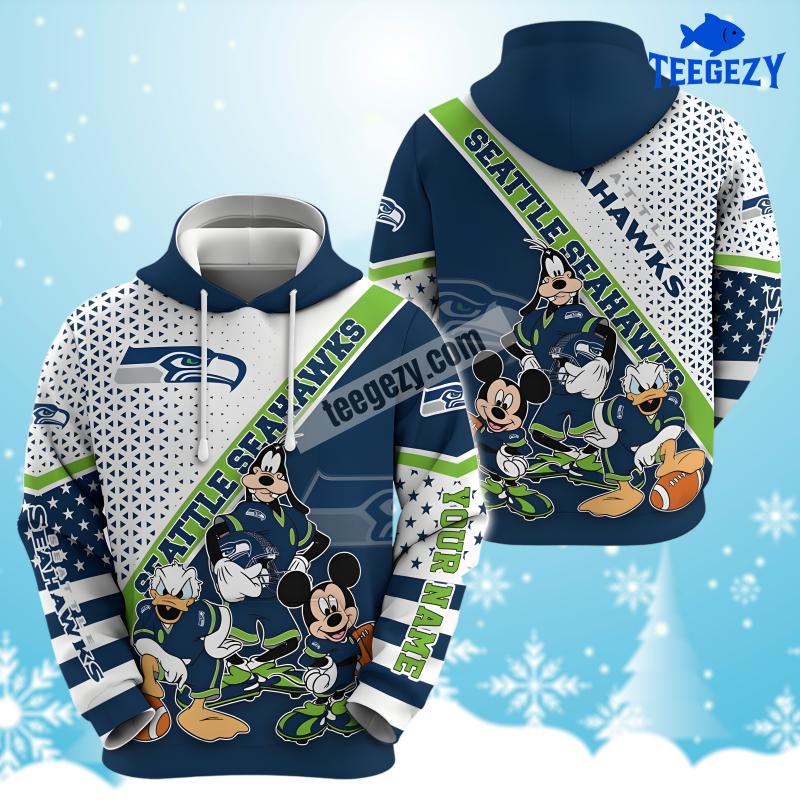 Seattle Seahawks Donald Duck Goofy Mickey Mouse Blue Pullover 3D Hoodie Seattle Seahawks Donald Duck Goofy Mickey Mouse Blue Pullover 3D Hoodie
