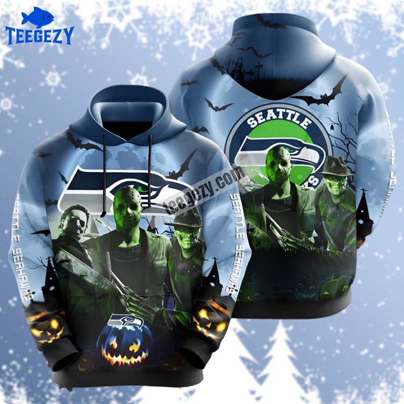 Seattle Seahawks Freddy Krueger Michael Myers Halloween Blue Black 3D Hoodie Seattle Seahawks Freddy Krueger Michael Myers Halloween Blue Black 3D Hoodie