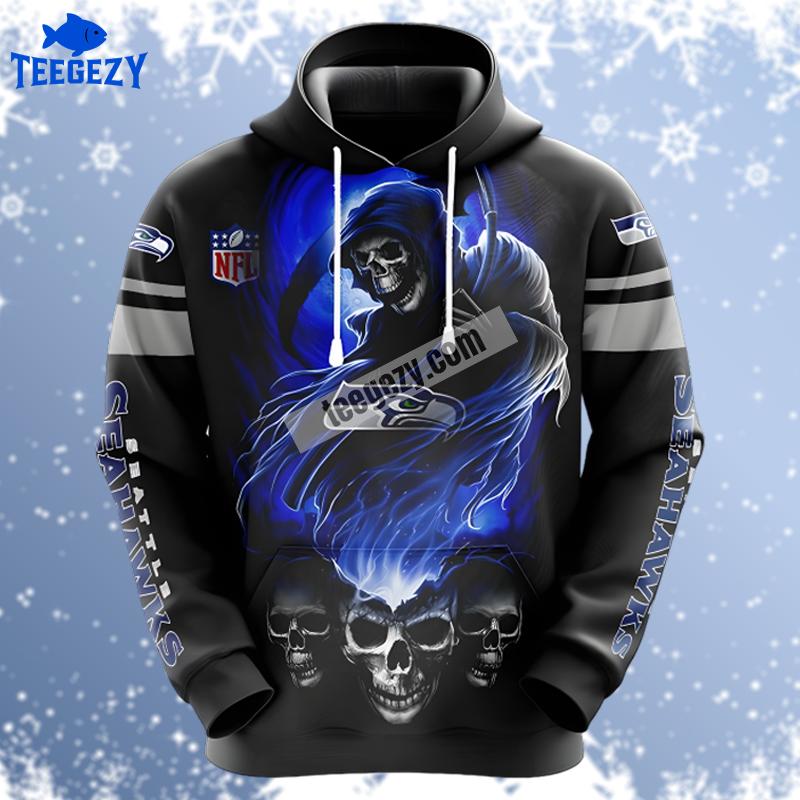 Seattle Seahawks Skull Blue Black Zipper 3D Hoodie Seattle Seahawks Skull Blue Black Zipper 3D Hoodie