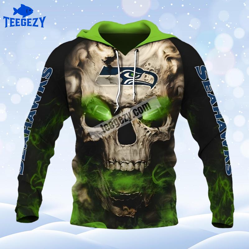 Seattle Seahawks Skull Fire Black Green Printed 3D Hoodie Seattle Seahawks Skull Fire Black Green Printed 3D Hoodie