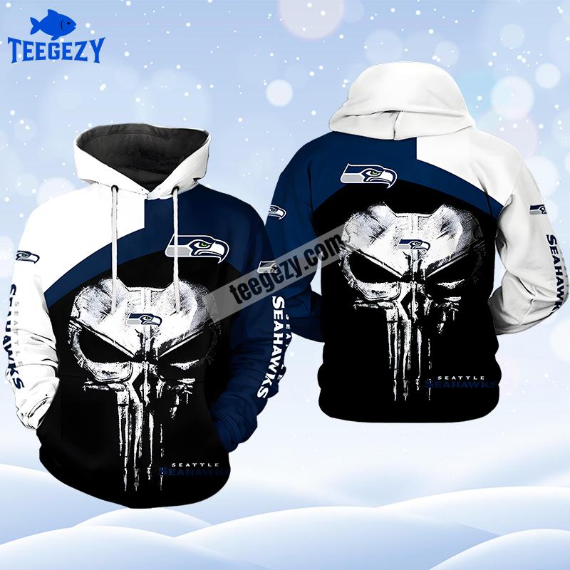 Seattle Seahawks Skull Punisher White Black 3D Hoodie Seattle Seahawks Skull Punisher White Black 3D Hoodie