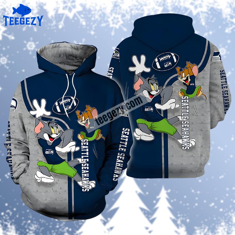 Seattle Seahawks Tom And Jerry Grey Blue 3D Hoodie Seattle Seahawks Tom And Jerry Grey Blue 3D Hoodie