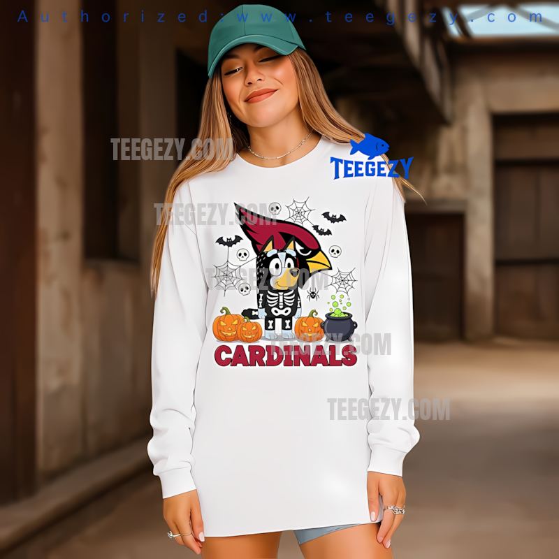 Arizona Cardinals Bingo And Bluey Halloween Skeleton Pumpkin Long Sleeve Arizona Cardinals Bingo And Bluey Halloween Skeleton Pumpkin Long Sleeve