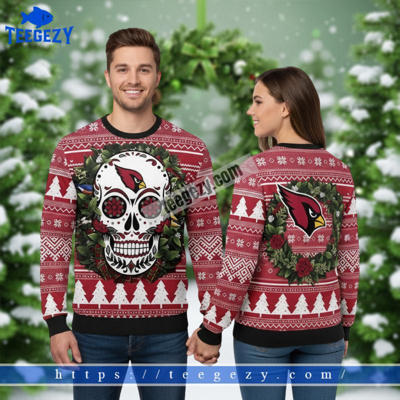 Arizona Cardinals Christmas Wreath Skull Floral Ugly Sweater Red