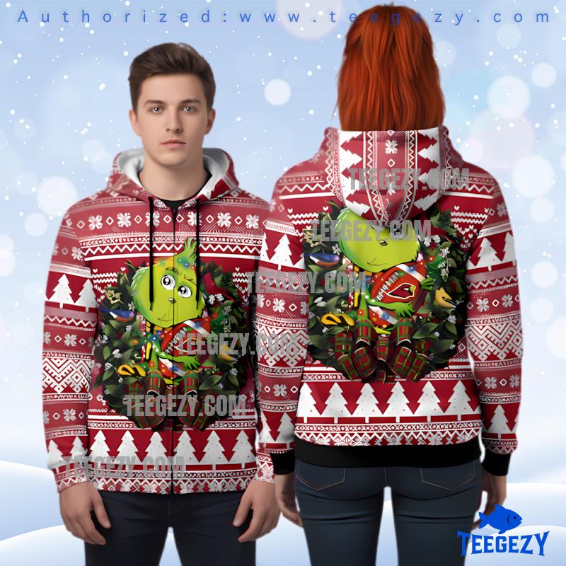 Arizona Cardinals Grinch Hug Christmas Wreath 3D Ugly Hoodie Zip Up Arizona Cardinals Grinch Hug Christmas Wreath 3D Ugly Hoodie Zip Up