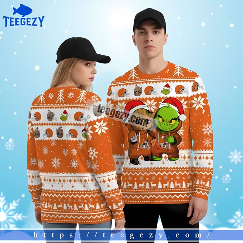 Baby Groot Grinch Cleveland Browns White Orange Cheap Ugly Christmas Sweater Baby Groot Grinch Cleveland Browns White Orange Cheap Ugly Christmas Sweater
