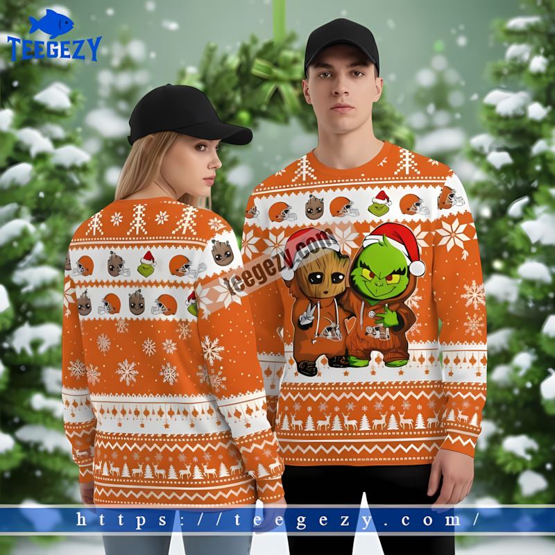 Baby Groot Grinch Cleveland Browns White Orange Cheap Ugly Christmas Sweater Baby Groot Grinch Cleveland Browns White Orange Cheap Ugly Christmas Sweater