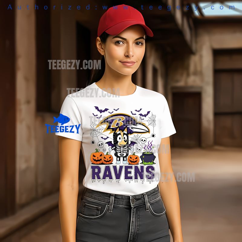 Baltimore Ravens Bingo And Bluey Halloween Skeleton Pumpkin Shirt